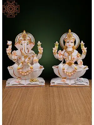 12" Lord Ganesha Goddess Lakshmi Statue | Handmade | White Marble Statue | Ganesh Lakshmi On Lotus Idol | Vinayak Padma Deity