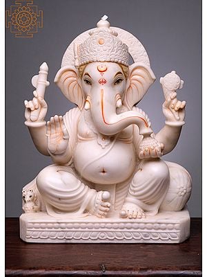 18" Sitting Blessing Ganesha | Handmade | White Marble Ganesha Statue | Ganapati | Vinayaka | Elephant God