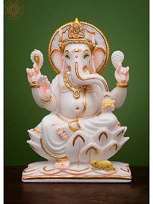 12" Lord Ganesha Seated on Lotus | Handmade | White Marble Ganesh Statue | Ganpati Statue | Ganesh Sculpture | Ganesh Murti | Vinayak