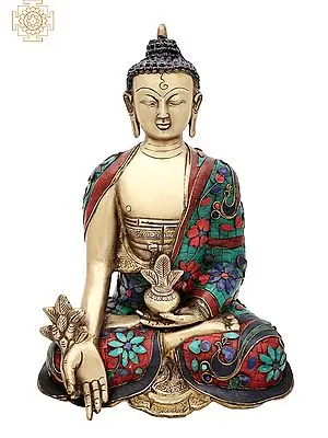 13" Tibetan Buddhist Healing Buddha | Medicine Buddha | Inlay Work | Brass Statue | Handmade | Made In India