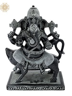 8" Bhagawan Ganesha Sitting on His Vahan Mushak | Handmade | Ganesha Stone Statue | Stone Statue | Made In India