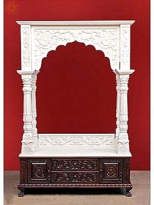 72" Large Designer White Marble Temple with Wood | Wooden Pooja Mandir | Temple With Drawers | Handmade | Made In India