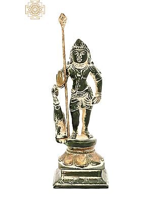 5.8" Lord Karttikeya Brass Statue with Peacock | Handmade Murugan Swami Statue