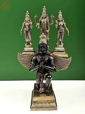 16" Garuda Kneeling with Vishnu,Shridevi, Bhudevi | Brass Statue | Handmade | Made In India