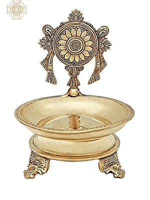 7" Superfine Chakra Wick Lamp (Vaishnava Symbol) | Brass Lamp | Handmade | Made In India