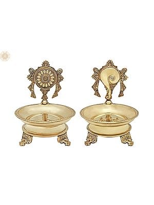 7" Superfine Vaishnava Symbols (Conch and Chakra) Wick Lamp | Pair Wick Lamp | Brass Lamp | Handmade | Made In India