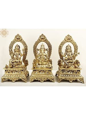 20" Lord Ganesha, Lakshmi and Saraswati | Brass Statue | Handmade | Made In India