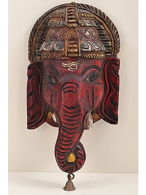 13" Lord Ganesha Wall Hanging Mask with Bell | Wooden Ganesha Wall Hanging | Handmade | Made In India