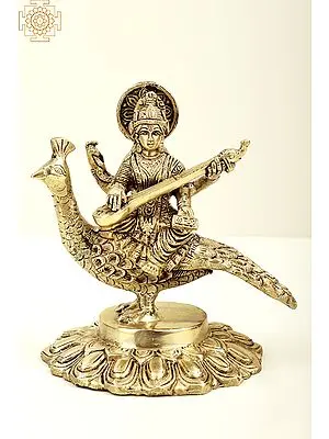 7" Gooddess Saraswati Seated on Peacock with Veena | Brass Goddess Saraswati | Brass Statue | Handmade | Made In India