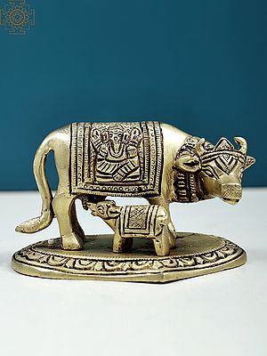 4" Holy Mother Cow with Her Calf | Handmade Brass Sculpture