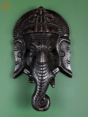 15" Wooden Ganesha Mask Wall Hanging | Handmade