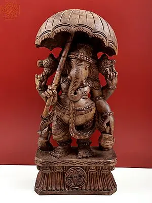25" Four Handed Wooden Ganesha with Umbrella and Kamandal | Handmade