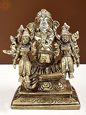 4" Small Ganesha Idol with Riddhi Siddhi in Brass | Handmade