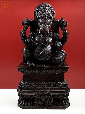 36" Ganesha Idol Sitting on High Pedestal | Handmade Wooden Ganesha Statue