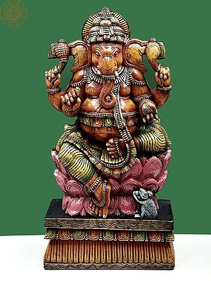 39" Large Multi Color Lord Ganesha Seated On Lotus Pedestal | Wooden Ganesha | Handmade
