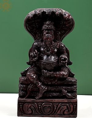 12" Wooden Ganesha Idol Seated on Sheshnag | Handmade Wall Hanging Statue