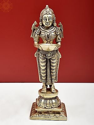 10"  Deeplakshmi with Parrot on Shaulders | Brass Statue | Handmade
