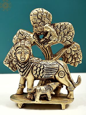 4" Kamdhenu Cow and Calf Statue Under Kalpvriksha Tree | Handmade