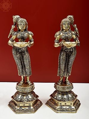 11" Pair of  Deepalakshmi With Parrot Perched Upon The Shoulder | Brass | Handmade