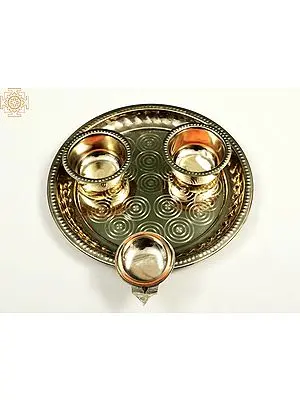 10" Puja Thali with Attached Diya and Two Small Bowl In Brass | Handmade | Made In India