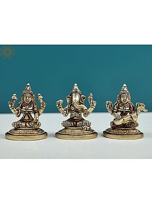 2" Small Ganesha Lakshmi and Saraswati (Set of Three Statues) in Brass
