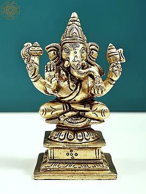 4" Small Fine Quality Four Armed Ganesha Idol Seated on Pedestal | Handmade