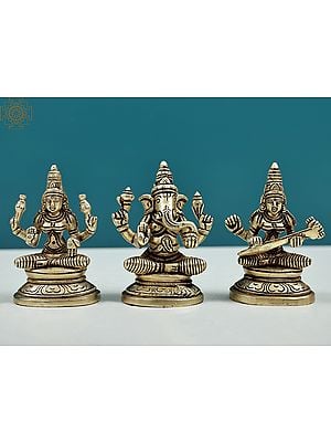 3" Small Fine Quality Ganesha Lakshmi and Saraswati (Set of Three Statues) in Brass | Handmade
