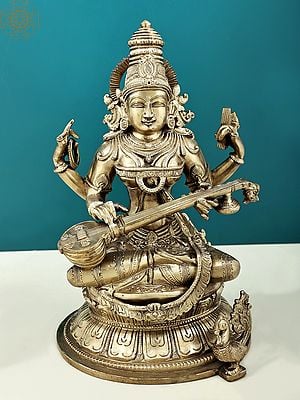 11" Superfine Goddess Saraswati | Hoysala Art | Solid Cast Piece