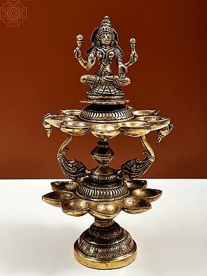9" Multi Wicks Lamp with Goddess Lakshmi and Peacock Pair | Handmade