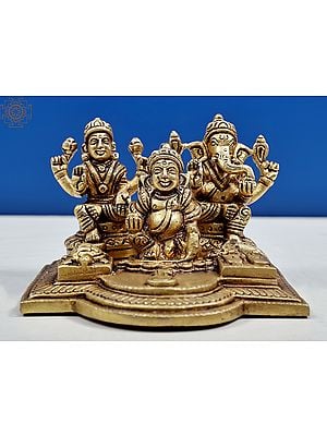 5" Lakshmi Ganesha and Kubera Sculpture in Brass | Handmade