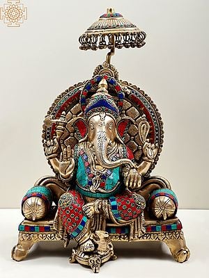 18" King Ganesha Seated on Royal Throne with Colorful Inlay Work | Handmade