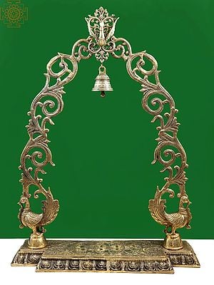 45" Large Tusk Peacock Brass Prabhavali (Arch) with Bell | Handmade