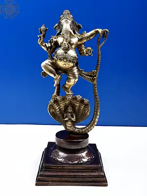 19" Lord Ganesha Dancing on Sheshnag In Brass | Handmade