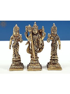 4" Brass Warrior God Karttikeya Statue with Devasena and Valli