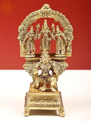 6" Brass Garuda Kneeling with Vishnu,Shridevi, Bhudevi | Handmade
