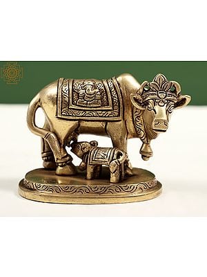 3" Small Holy Mother Cow with Her Calf | Handmade Brass Statues