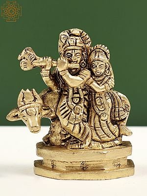 2" Brass Small Radha Krishna with Cow | Handmade