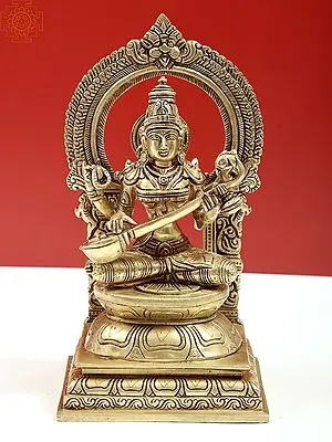 10" Four Armed Goddess Saraswati Playing with Veena | Handmade