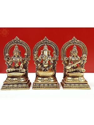 10" Brass Statues of Goddess Lakshmi Ganesha and Saraswati | Handmade
