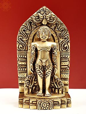 5" Brass Statue of Bhagawan Mahavir Standing on Kirtimukha Throne | Handmade
