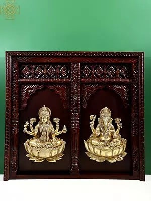 39" Large Ganesha Lakshmi Brass Idol in Wooden Wall Panel | Handmade Art