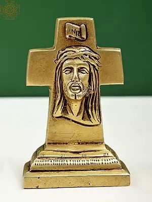 4" Brass Jesus Christ Face on Cross | Handmade Statue from Brass
