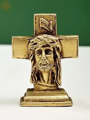 3" Small Brass Jesus Christ Face on Cross | Handmade