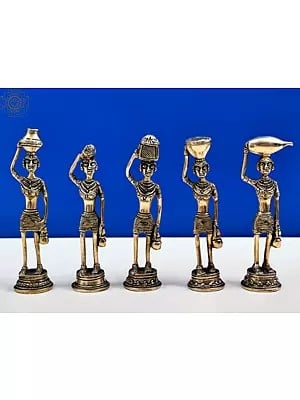 7" Brass Tribal Ladies Statue Set | Handmade