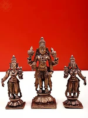 4" Small Copper Balaji Idol with Sridevi and Bhudevi Set | Handmade