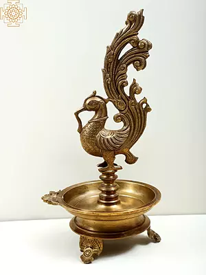 12" Bronze Peacock Lamp | Handmade | Hoysala Art