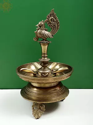 13" Bronze Peacock Wicks Lamp | Handmade | Hoysala Art