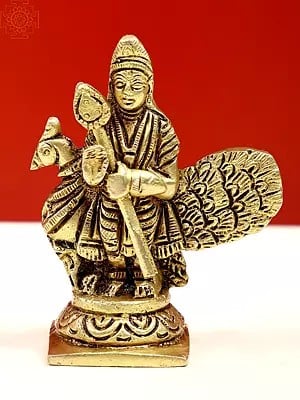 3" Small Standing Lord Kartikeya Statue with Peacock | Handmade Brass Idols