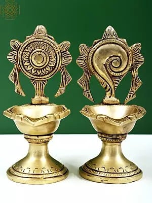 5" Brass Shankh and Chakra Oil Lamp Set | Handmade