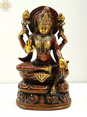 7" Brass Blessing Goddess Lakshmi Seated on Pedestal | Handmade